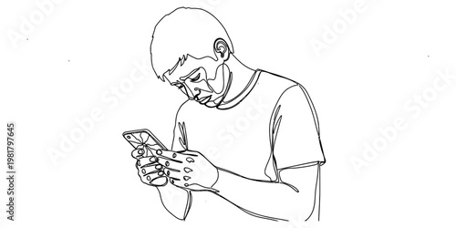 A simple black and white line drawing of a young man looking down at his cracked mobile phone screen