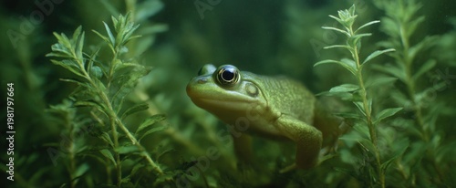 A green polliwog dances through the crystal-clear waters of a freshwater pond