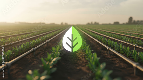 Sustainable Farming Concept With Green Leaf Logo On Irrigation System In Lush Field For Environmental Agriculture