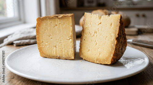 Two Wedges of Aged Hard Cheese with Natural Rind on White Plate