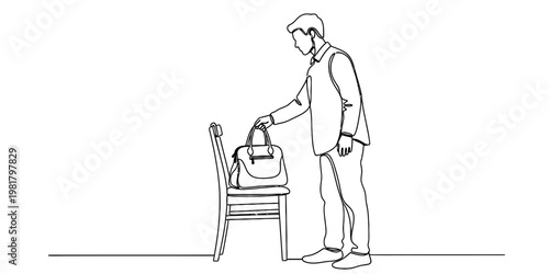 A black and white line drawing of a man standing next to a chair and placing a handbag upon it.