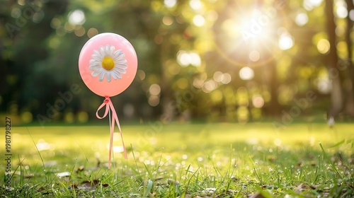 Park Scene with Flower-Shaped Balloon and Sunlight
