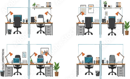Contemporary office workspace with four desks and glass partitions modern vector illustration for productivity