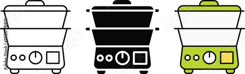 Electric Cooker Icon Set, Food Steamer Kitchen Appliance Vector Illustration