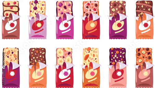 Energy Bar Illustration Set, Protein Snack Bars with Packaging Vector Collection