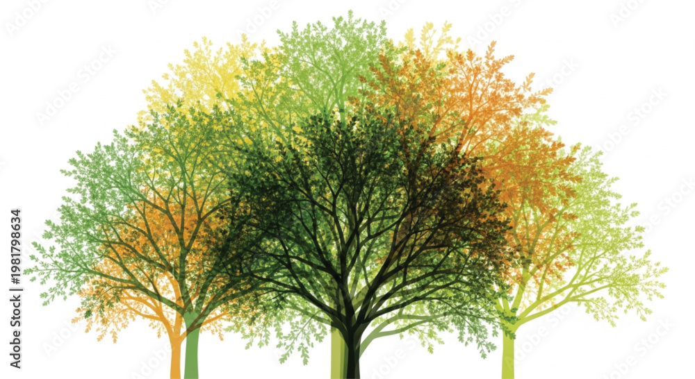 Obraz premium Abstract Green and Orange Tree Silhouettes Vector Illustration