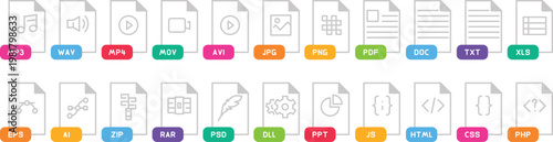 File Format Icon Set, Document Types MP3 MP4 JPG PNG PDF DOC Vector Collection