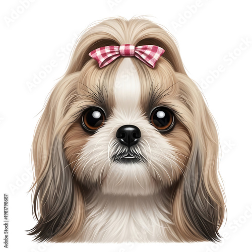 Sweet Shih Tzu puppy illustration with captivating brown eyes and a charming pink plaid bow
