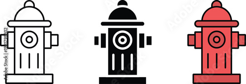 Fire Hydrant Icon Set, Fire Safety Equipment Vector Illustration in Outline Solid and Color Style