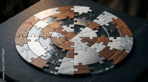 A circular tapestry of interlocking wood, marble, and glass pieces serves as a profound metaphor for the harmonious synergy of disparate elements working together in perfect unity