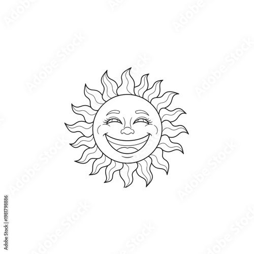Smiling cartoon sun with toothy grin black and white line art illustration