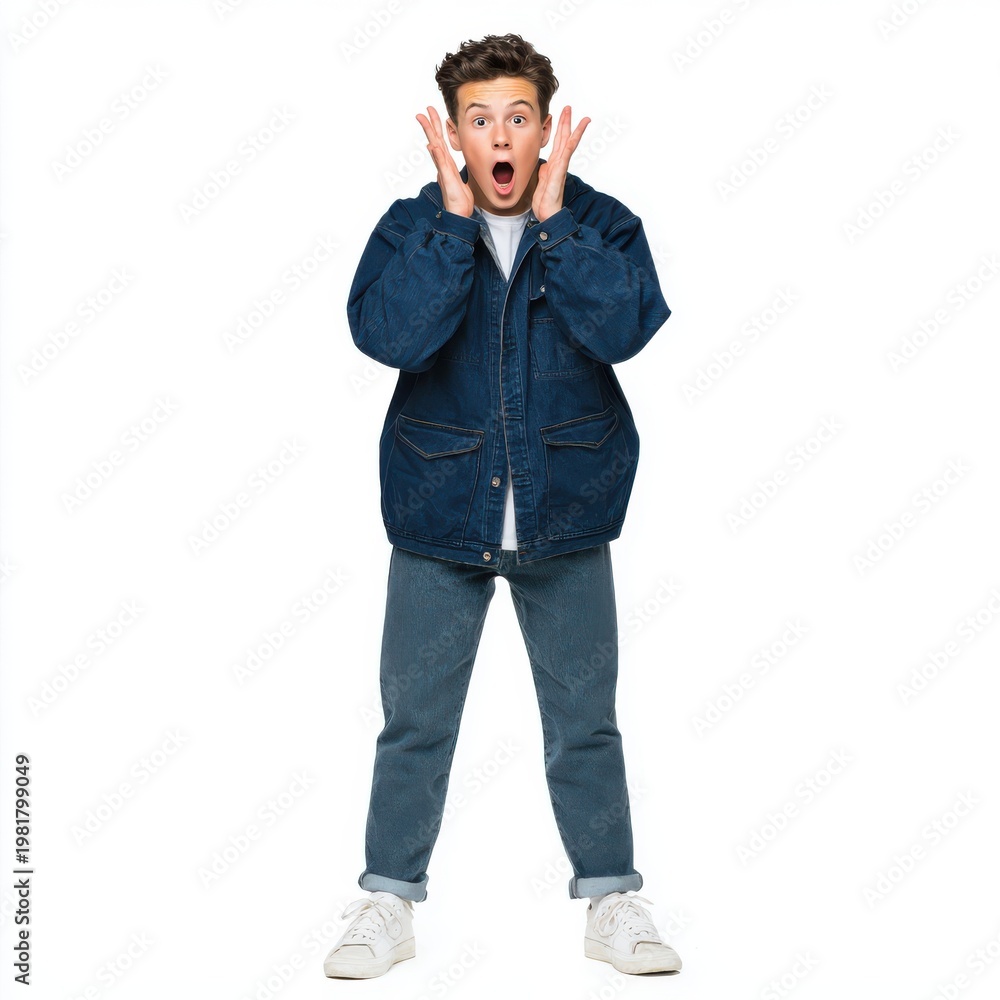 Fototapeta premium 15 years boy with dark hair wearing a blue color isolated on a white background