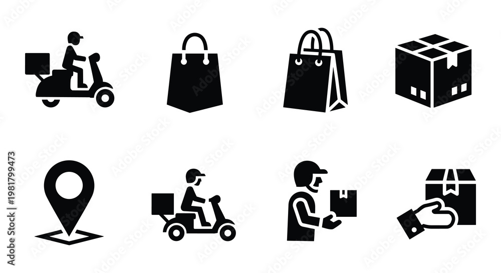 Fototapeta premium A collection of black vector icons depicting various aspects of e-commerce delivery and shipping services isolated on a white background.