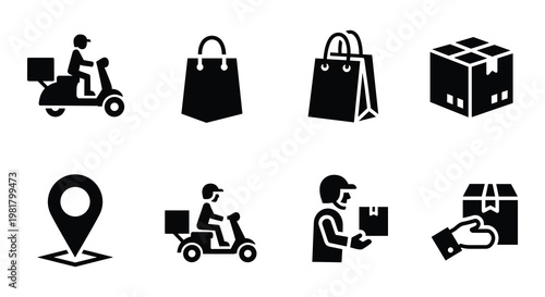 Delivery service icons set, 8 black vector silhouettes for logistics and shipping, courier on scooter and shopping bag symbols for ecommerce web design