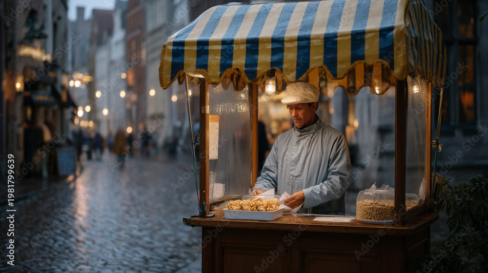 Obraz premium A rain-soaked urban alleyway with a lone food cart operator tallying receipts under a striped awning, wet cobblestones glowing with reflected signage, perfect for side income, gig tax reality, and c