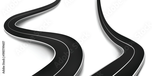 Winding Asphalt Road with Curved Path, 3D Perspective Highway Isolated on White Background