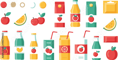 Flat Design Illustrations of Fruit Juice Bottles, Packs, and Cans with Apples, Strawberries, and Oranges for Beverage Packaging