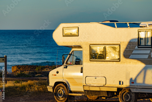 Camper rv camping on sea shore, Spain