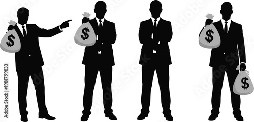 Businessman silhouette holding money bag, success and wealth concept, corporate finance illustration, rich entrepreneur standing, investment profit growth concept design