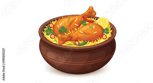 Delicious Chicken Biryani with Leg Pieces in a Traditional Clay Pot - Vector Illustration