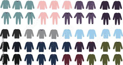 Kids clothing collection vector set, baby outfits and sweaters icons, colorful apparel design, children fashion wardrobe isolated illustration bundle