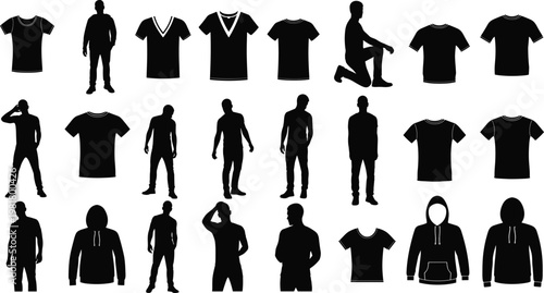 Men clothing silhouette set, t shirt and hoodie collection, male characters poses, casual fashion apparel, black vector illustration isolated