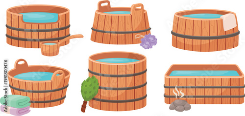 Wooden Hot Tub Illustration Set, Spa Bath Barrel Sauna Wellness Vector Collection