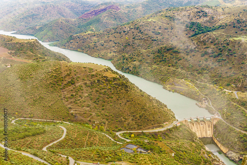 Douro river with Saucelle Dam. Border Spain Portugal