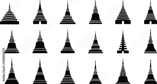 Pagoda silhouette set, Asian temple collection, Buddhist architecture icons, Thailand landmark design, traditional stupa shapes, black vector illustration isolated