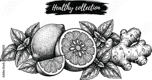 Healthy collection illustration, lemon slices, ginger root, leafy sprigs, organic wellness, herbal nutrition, natural remedy, botanical artwork