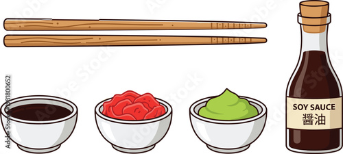 Japanese sushi condiment set with soy sauce bottle, wooden chopsticks, wasabi paste, and pickled ginger for Asian cuisine and restaurant menu design.