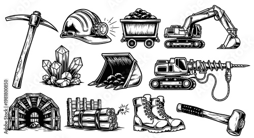 Underground Mining Equipment and Tools Illustration