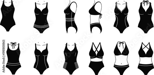 Women swimsuit collection silhouette vector set, one piece swimwear icons, fashion beachwear design, black isolated summer clothing illustration pack