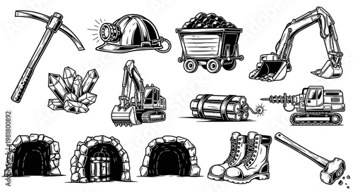 Vintage Hand Drawn Mining and Quarrying Tools Collection