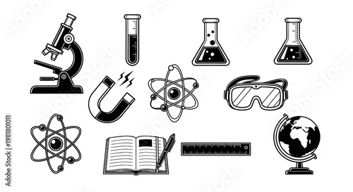 Vintage Science Laboratory Equipment and Physics Symbols Vector Set