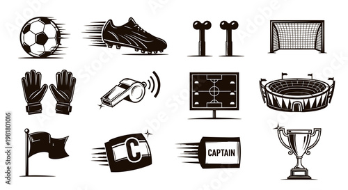 Professional Football Soccer Equipment and Tournament Icon Set
