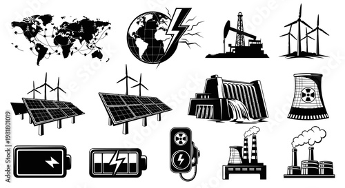 Global Energy Production, Renewable and Non-Renewable Sources Vector Collection