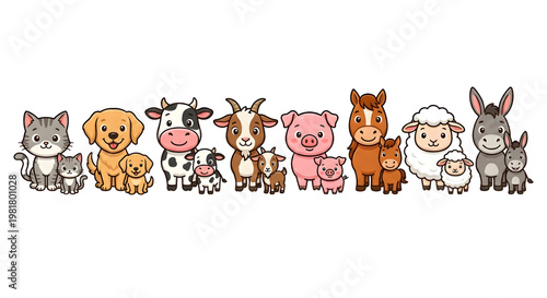 Cute Cartoon Farm and Domestic Animal Families with Babies. Transparent png.