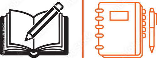 Minimalist vector icons of an open book with pencil and spiral notebook with pen for education and business planning