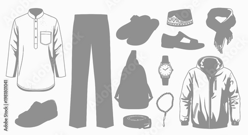 Modern Muslim Men's Fashion and Accessories Flat Vector Set