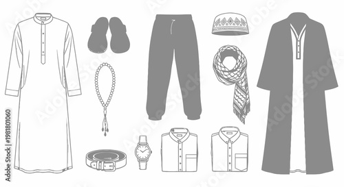 Traditional and Casual Muslim Men's Clothing and Accessories Vector Collection
