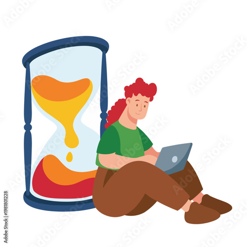 A serene image of a woman sitting by an hourglass, working on her laptop. This visual represents time management, productivity, and balance in today's fast-paced world.