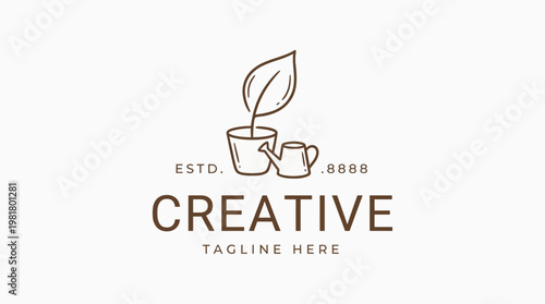This minimalist logo design features a plant pot with a vibrant leaf and a watering can, symbolizing creativity, growth, and nurturing in an environmentally conscious way.