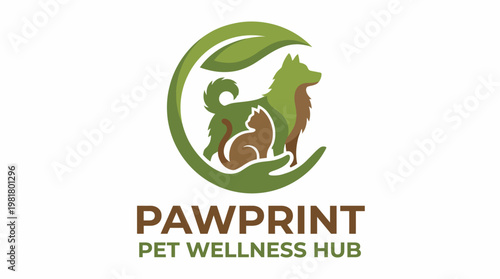 A friendly and wholesome design featuring a dog and cat within a leaf, symbolizing the commitment to pets' wellness and caring services in a nurturing environment.