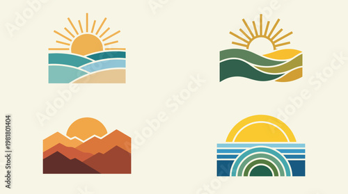 A collection of four stylized sun illustrations showcasing different color palettes and artistic interpretations, representing warmth, hope, and the beauty of nature in art.