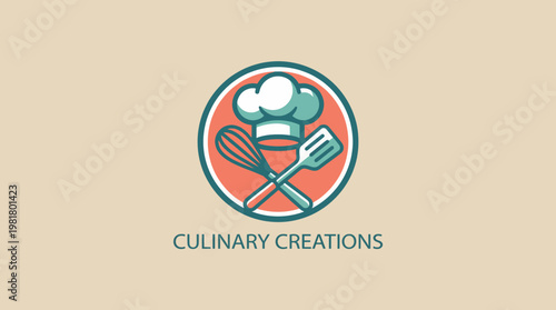 This logo elegantly blends a chef's hat, whisk, and spatula, symbolizing the culinary arts while conveying creativity and professionalism in cooking and food presentation.