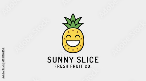 A whimsical pineapple character with a smiling face, representing a fresh fruit company that aims to deliver joy and healthy options with a fun and inviting brand personality.