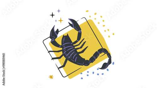 Scorpio Zodiac Sign Illustration with Stylized Scorpion and Celestial Elements