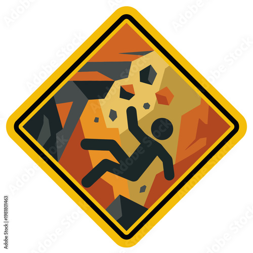 This image illustrates a caution sign indicating risk of falling rocks, emphasizing the dangers associated with unstable terrain in mountainous and rocky regions.