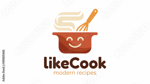 A friendly logo design that features a cheerful mixing bowl with a whisk, ideal for promoting modern recipes and inviting home cooking enthusiasts to try new dishes.